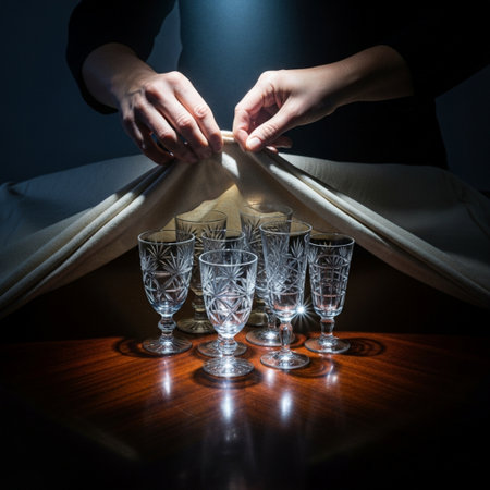 Close-up of female hands pouring wine into glasses on wooden tableの素材