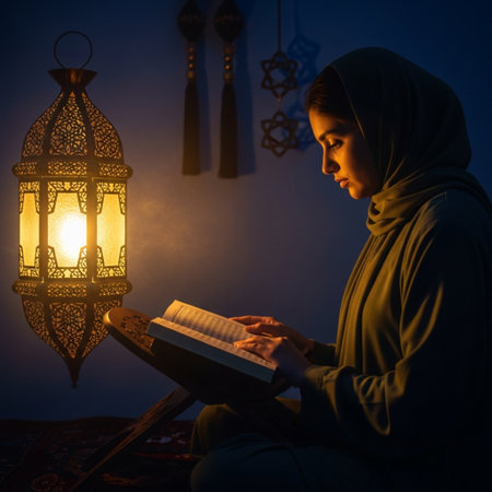 Muslim woman reading holy quran at night. Ramadan Kareem backgroundの素材