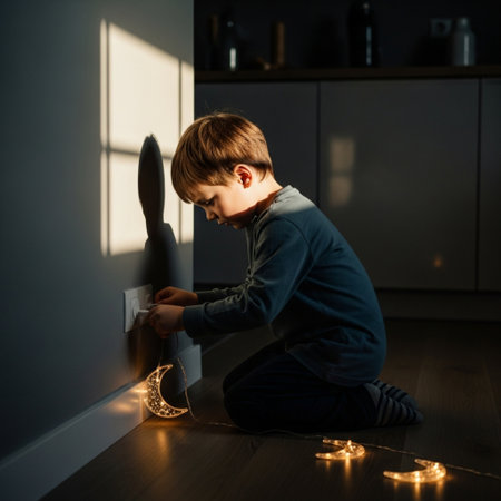 Cute little boy playing with light bulbs on the floor at homeの素材