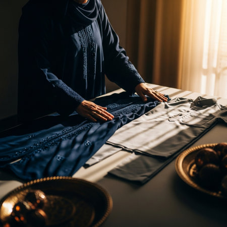 Hands of young muslim woman in traditional clothes and embroidery.の素材
