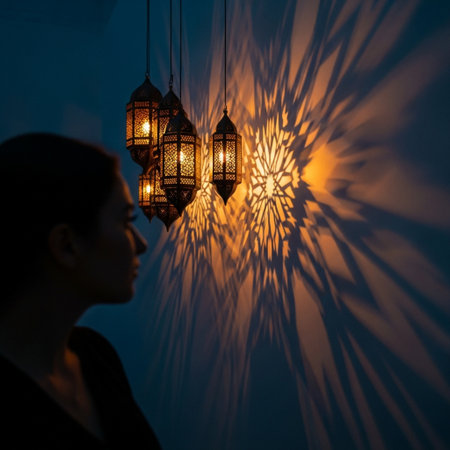 Silhouette of a beautiful woman with lanterns. Ramadan Kareem.の素材