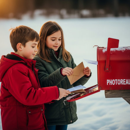 Little boy and girl send letter to a postman in winter.の素材