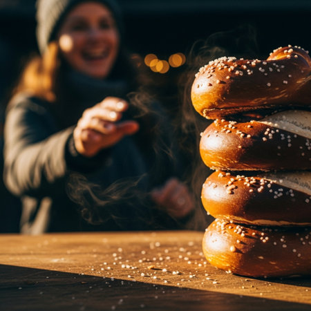selective focus of woman holding bagels with poppy seeds and smokeの素材