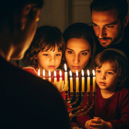 Happy family with three children in Hanukkah celebration. Menorah (traditional candelabra)の素材