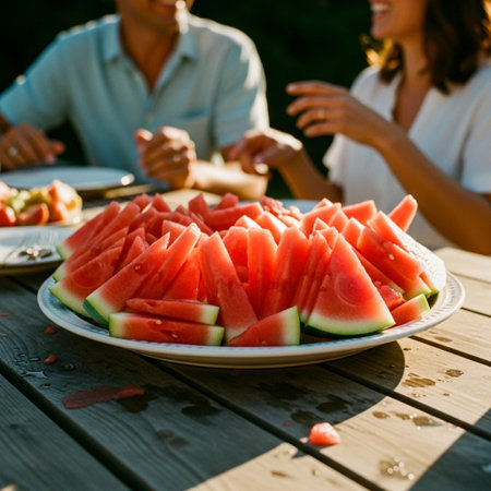 Close-up of sliced watermelon on a plate with two people in the backgroundの素材