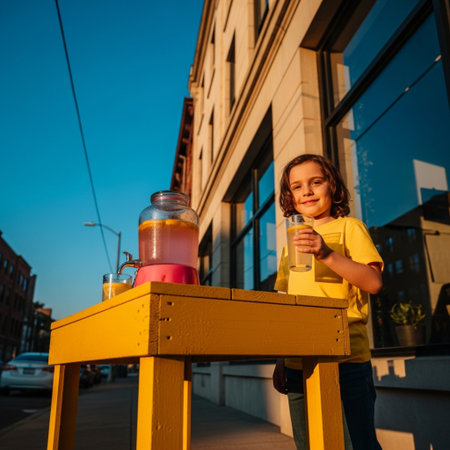 Smiling little girl in yellow t-shirt standing on the street and holding a glass of waterの素材