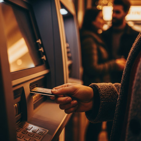 Close up of man's hand using an ATM machine to withdraw moneyの素材