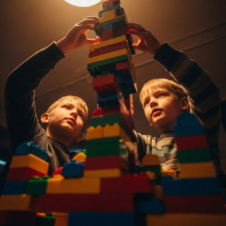 Two boys playing with colorful wooden building blocks in dark room. Children having fun together.の素材