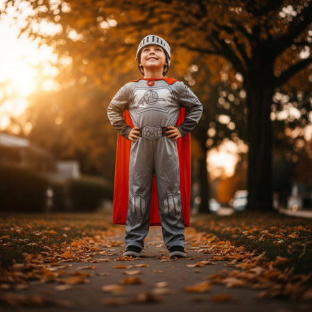 Superhero kid boy in the autumn park. Superhero concept.の素材