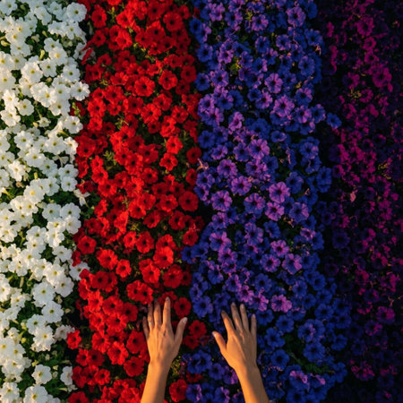 Flowerbed with colorful petunias and hands of a girl.の素材