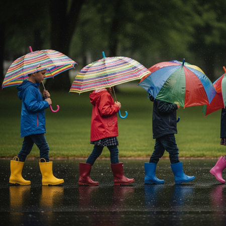 cute little kids in raincoats with colorful umbrellasの素材