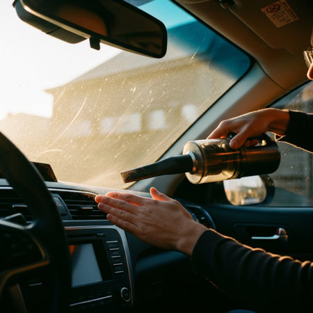 Close up of a man's hand cleaning a car with a vacuum cleanerの素材