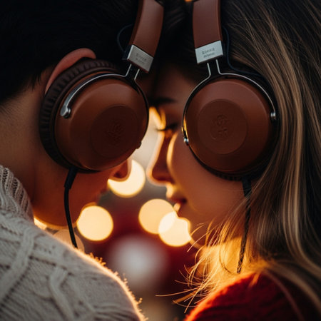 Couple in love listening to music on headphones. Young man and woman in love listening to music.の素材