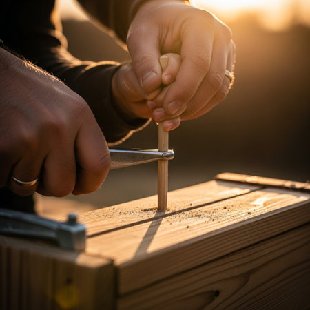 Carpenter working on woodwork at sunset, close-upの素材