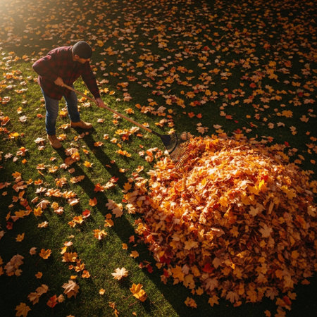 A gardener raking autumn leaves with a rake in the gardenの素材