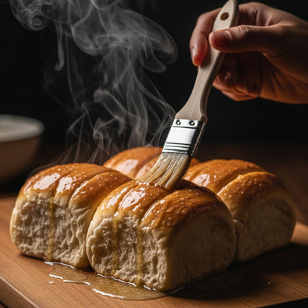 Bread rolls with honey and a woman's hand holding a brushの素材