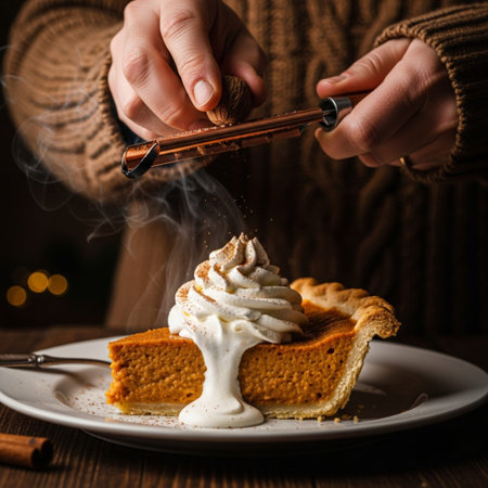 Hands of a woman in a sweater decorating a pumpkin pie with whipped cream.の素材