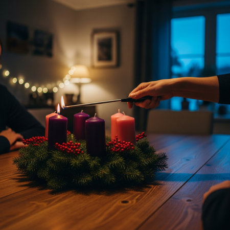 Close-up of female hands lighting candles on Christmas wreath at homeの素材