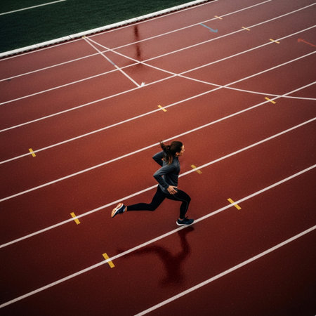 Businesswoman running on a track in a stadium, back view.の素材