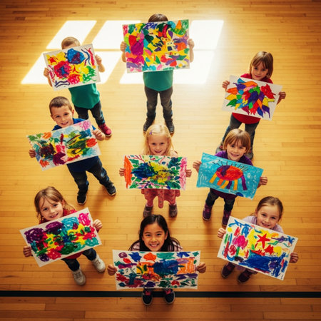 Group of children holding a lot of multicolored pieces of paperの素材