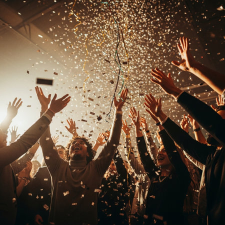 Crowd cheering at a music festival and having fun with confettiの素材