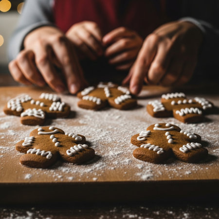 Close-up of male hands making gingerbread cookies in kitchen.の素材