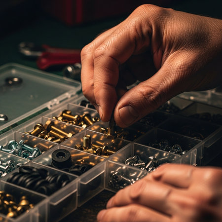 Hands of an elderly woman repairing a screw in a box.の素材