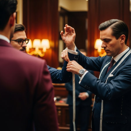 Businessman in suit putting on cufflinks in a hotel room.の素材
