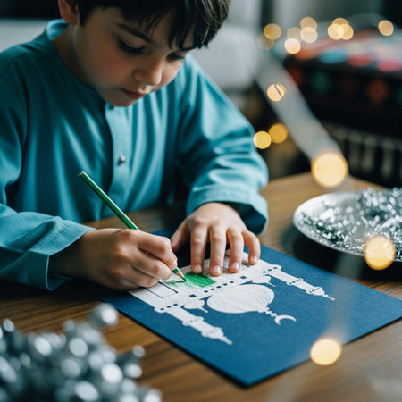 Cute little boy making a greeting card for christmas at homeの素材