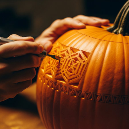 Hands of craftsman carving a jack-o-lanternの素材