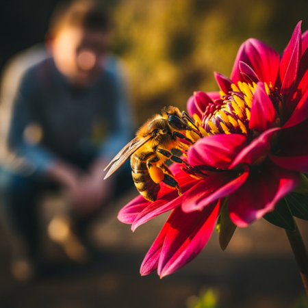Honeybee collecting pollen from a pink dahlia flower.の素材