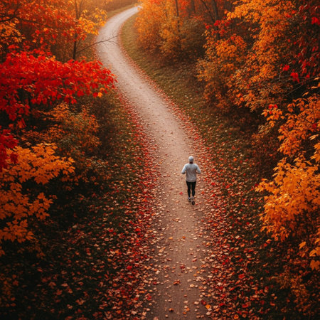 Young woman jogging in the autumn forest. Healthy lifestyle concept.の素材
