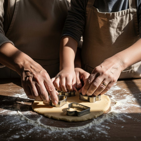 Diverse grandmother and grandchild cut heart cookies, hands dusted with flour, harsh sunlight in rusの素材