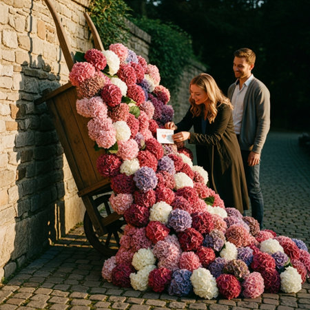 A young couple in love is standing next to a huge bouquet of flowersの素材