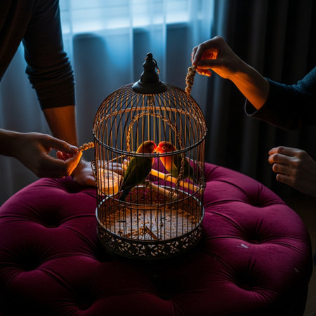 Parrots in a cage. The concept of love and romance.の素材