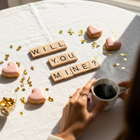 cropped view of woman holding cup of coffee and cookies with lettering on tableの素材