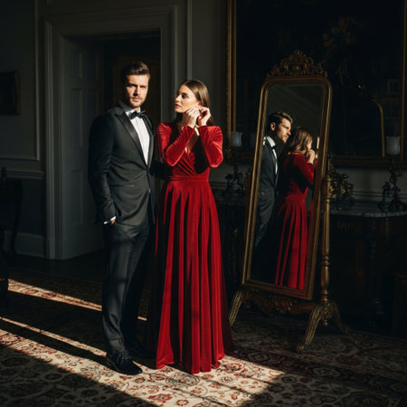 Beautiful young couple in luxury interior. Man and woman in evening dresses.の素材