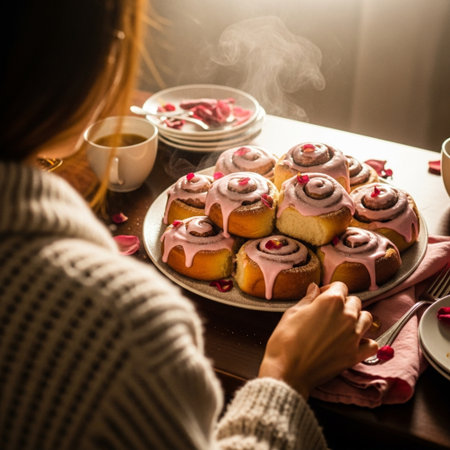 Young woman holding a plate of cinnamon rolls with rose petals.の素材