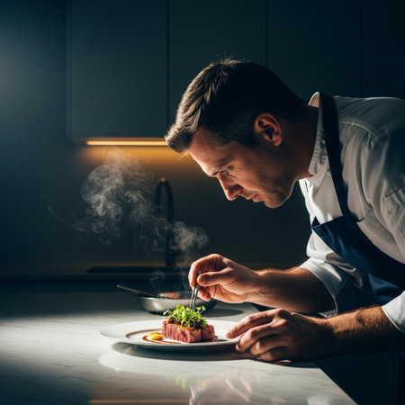Chef in a white uniform is preparing a dish of beef.の素材