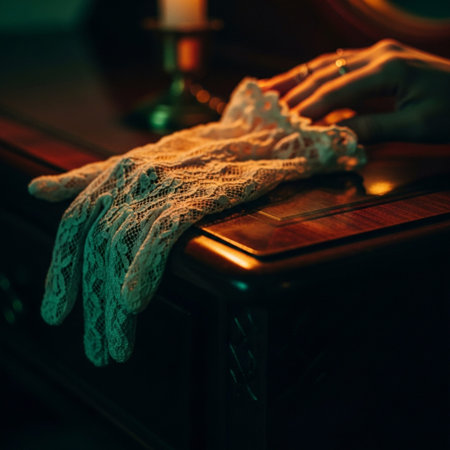 Womens hands in lace gloves on the bedside table.の素材