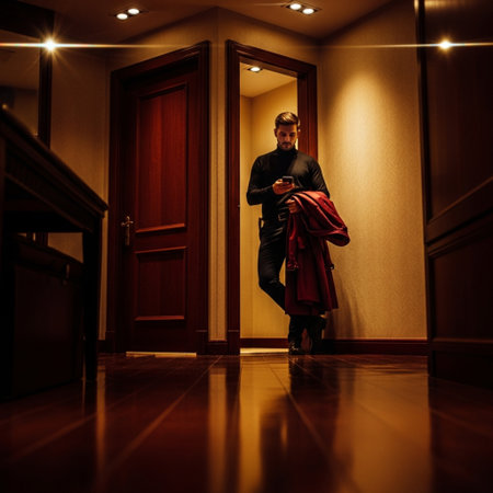 Young man in a black coat and a red dress is standing in a corridor of the hotelの素材