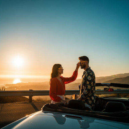 Beautiful young couple in love sitting on the roof of a car and looking at the sunsetの素材