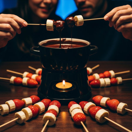 Close up of a group of people having fun at a fondue party.の素材