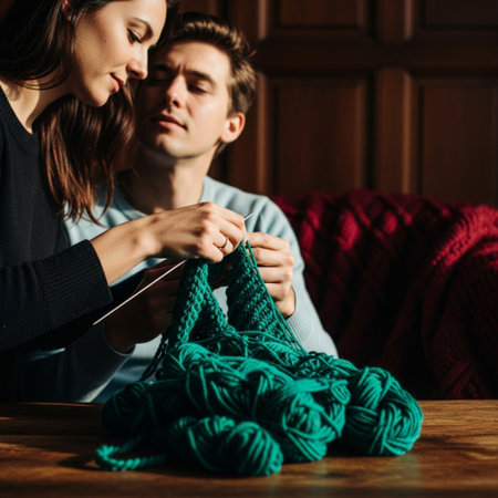 Young couple sitting at the table with knitting needles and balls of yarnの素材