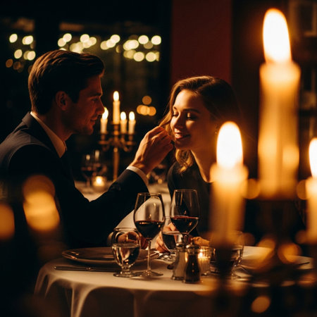 Romantic dinner in a restaurant. Man and woman sitting at the table and looking at each otherの素材