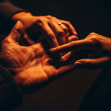 Hands of a man and a woman on a dark background.の素材