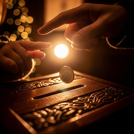 Close up of a man's hand putting coins in a donation boxの素材