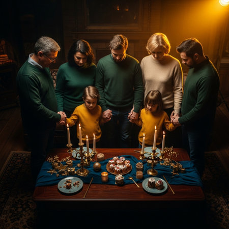 Happy family celebrating Christmas and New Year in a dark room with candlesの素材