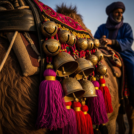 Close up of a camel with bells at the Pushkar Camel Fair, Rajasthan, India.の素材