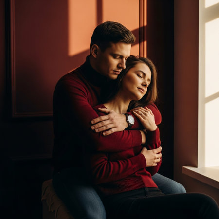 Young loving couple in red sweaters hugging and looking out the windowの素材